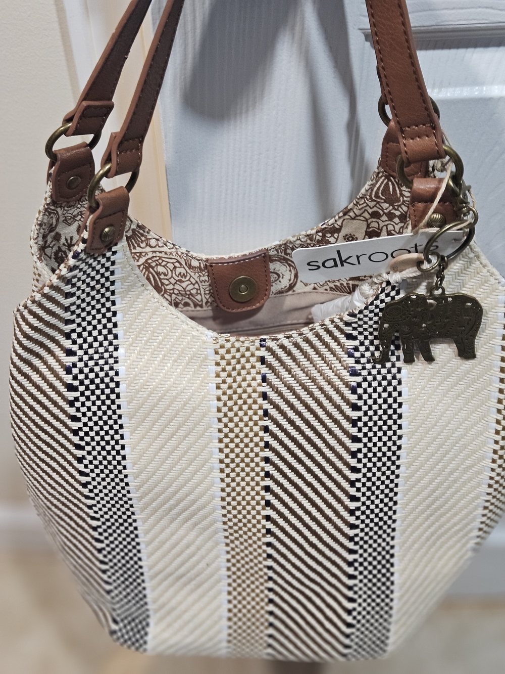Sakroots Cream, Brown & Tan Striped Shoulder Hobo with Elephant Charm